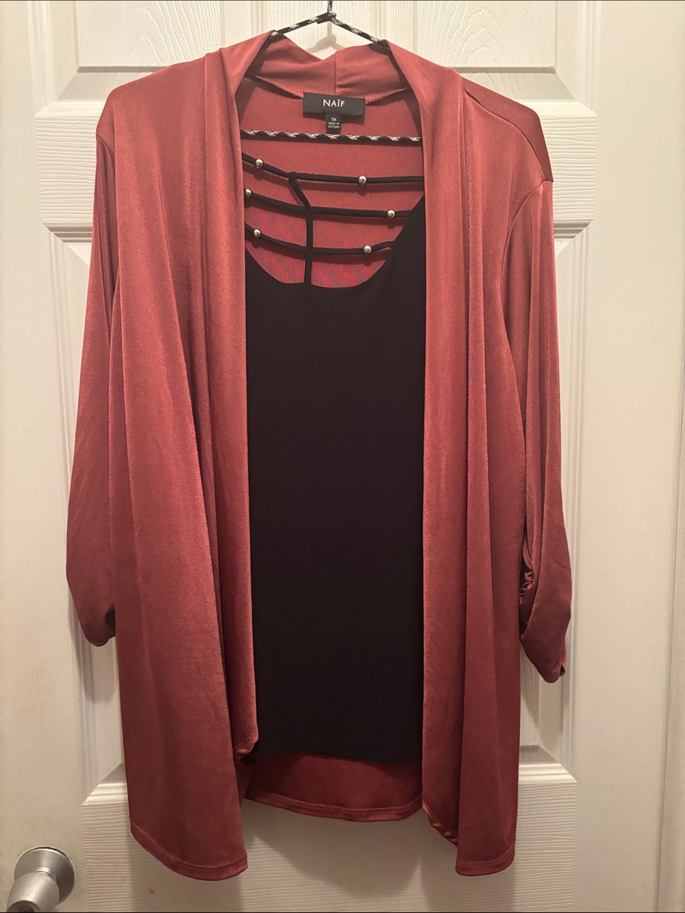 NAIF Dusty Rose Open-Front Cardigan with Black Tank Layer